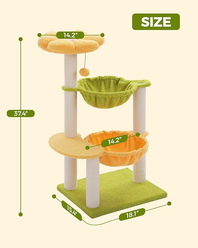 MUTTROS Flower Cat Tree with 2 Large Hammocks, 37.4" Small Cat Tower for Indoor Kitty with 6 Scratching Posts, Cute Cat Tree with Flower Top Perch, Yellow