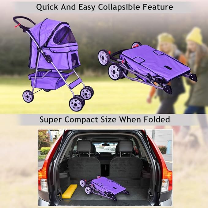 4 Wheels Pet Stroller Cat Dog Cage Stroller Travel Folding Carrier with Cup Holders and Removable Liner for Small-Medium Dog, Cat (Purple)