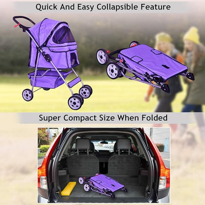 4 Wheels Pet Stroller Cat Dog Cage Stroller Travel Folding Carrier with Cup Holders and Removable Liner for Small-Medium Dog, Cat (Purple)