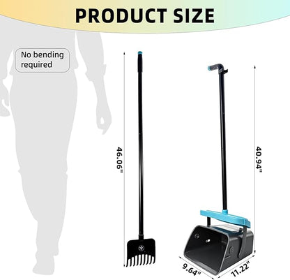 46" Pooper Scooper Swivel Bin & Rake for Large Small Dogs with Bag Attachment, Long Handle Poop Scooper with Lid for Yard (Blue)