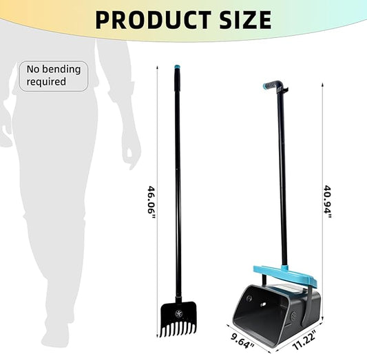 46" Pooper Scooper Swivel Bin & Rake for Large Small Dogs with Bag Attachment, Long Handle Poop Scooper with Lid for Yard (Blue)