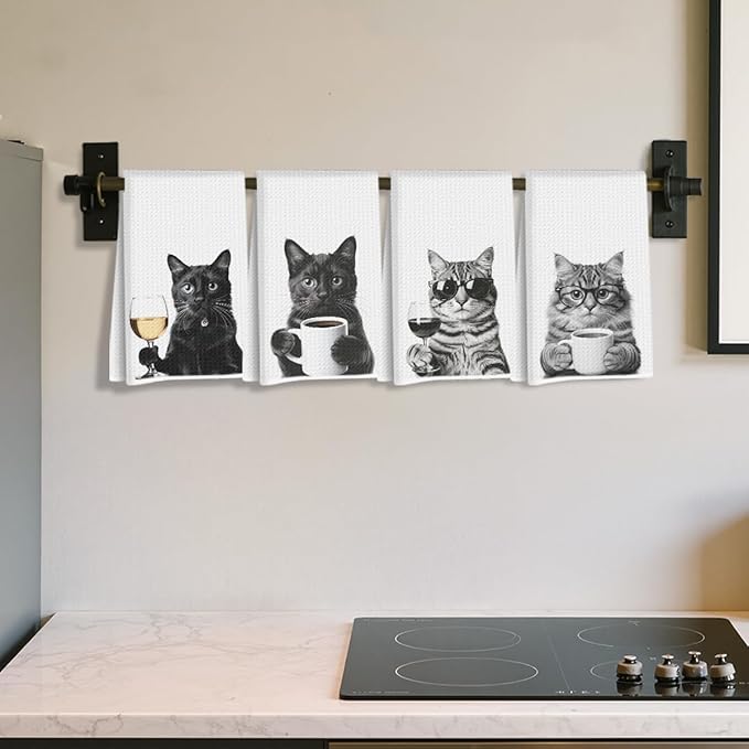 4 Pcs Funny Cat Kitchen Towels 24x14 Inch, Funny Reusable Dish Towels for Kitchen Coffee Station Wine Bar Decor, Waffle Weave Absorbent Hand Cloth Tea Towel, Cat Lover Gifts for Women Mom Friend