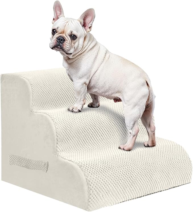 PAWSCART Pet Stairs for Dogs 3-Step, 15.7" H Pet Stairs for High Bed, Couch Sofa & Chair, 30D Material Soft Foam Dog Steps with Non-Slip Bottom Surface Removable Washable Cover, Beige
