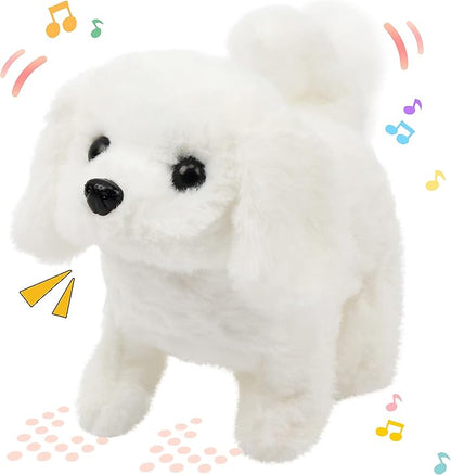 Hopearl Walking Dog Bichon Interactive Electronic Pet Plush Toy Puppy Woof and Moving Animated Nodding Head Gifts for Toddlers Birthday, White, 7''