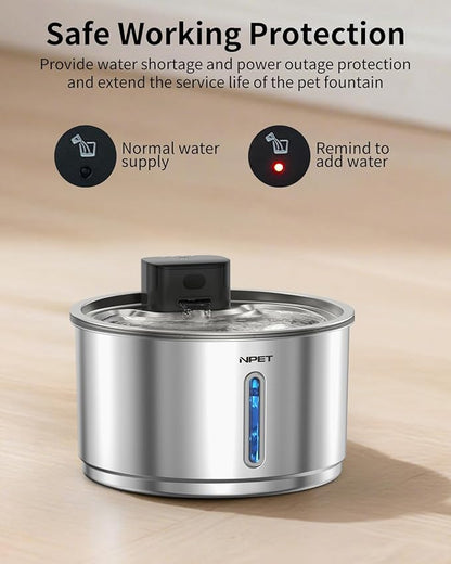 NPET Wireless Cat Fountain Stainless Steel, 1Gallon/135oz Battery Operated Automatic Pet Drinking Fountain - Cordless Dog Water Dispenser with 4 Replacement Filters for Cats Indoor