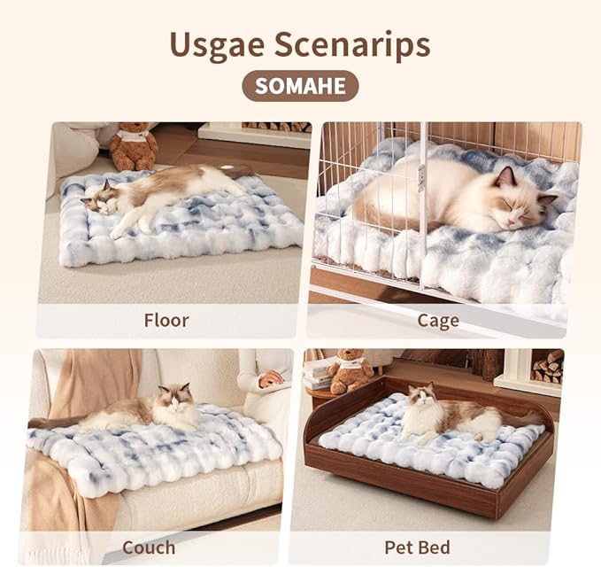 Cat Bed, Plush Faux Fur Kneading Flat Mat - Machine Washable Fluffy Pet Bed for Indoor Cats, Non-Slip Small Kitten Bed, Therapeutic Knead Cat Mat for Couch & Window Sill, 23"×15" Inch, Blue