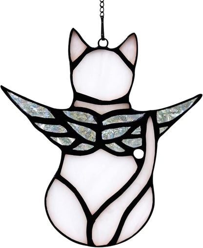 BOXCASA Angel Cat Memorial Gifts for Women,Stained Glass Window Hanging Decorations,Angel Wings White Cat Suncatcher Decor,Pet Memorial Sympathy Gifts Decoration