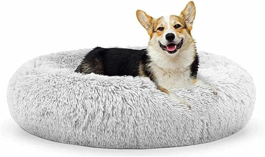 Original Calming Donut Dog and Cat Bed in Shag Fur, Dog Beds for Melium Dogs, Anti Anxiety Round Fluffy Plush Faux Fur Pet Bed, Light Grey, 27.6'' x 27.6''
