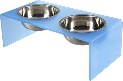 The LICKER Store DBL2001C Keaton 7.5" Medium/Large Modern Acrylic Rectangular Elevated Pet Feeder with 54oz 2-Stainless Steel Bowls, Blue/Chrome