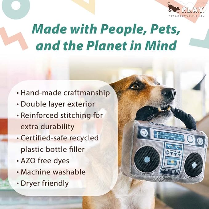 P.L.A.Y. Cute Plush Dog Toys - 1980s Classics Themed Durable Squeaker 2-in-1 Chew Toy, Great for Puppies & Small, Medium, Large Dogs - Machine Washable, Recycled Materials (Boop Box Boombox & Casette)
