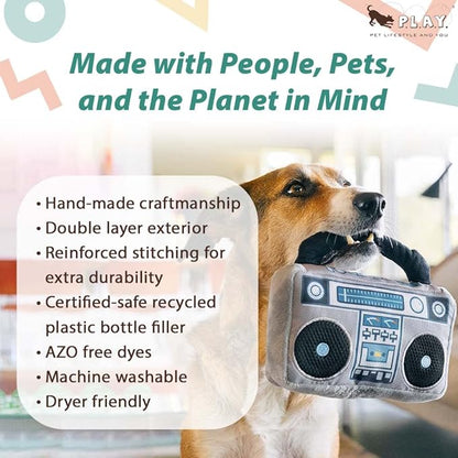 P.L.A.Y. Cute Plush Dog Toys - 1980s Classics Themed Durable Squeaker 2-in-1 Chew Toy, Great for Puppies & Small, Medium, Large Dogs - Machine Washable, Recycled Materials (Boop Box Boombox & Casette)