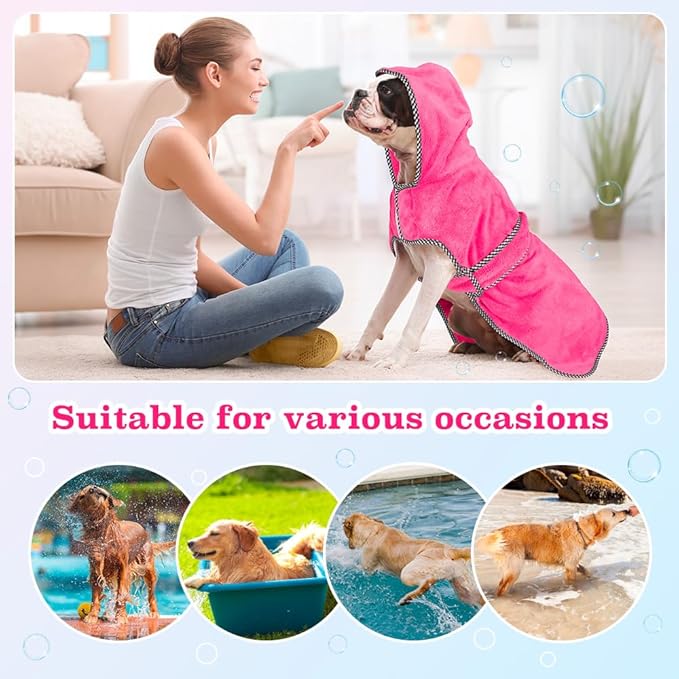Dog Bathrobe with Hood - Super Absorbent Quick Drying Microfiber Pet Towel Dog Robe for After Bath (Rose red, Large)