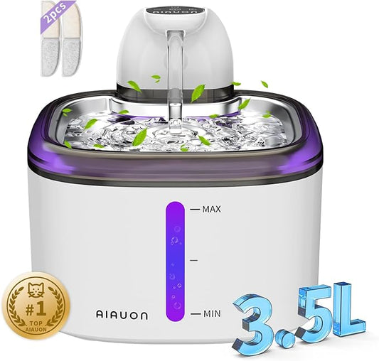 Cat Water Fountain Cordless 118oz/3.5L Wireless & Battery Operated Pet Water Fountain for Indoor Cats, Stainless Steel Tray with Sensor & Timer Modes, Ultra-Quiet, BPA-Free & Easy-to-Clean