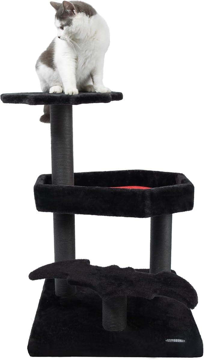 KAMABOKO Gothic Cat Tree, 30.3in Black Cat Tower with Coffin Bed, Cat Condo with Sisal Scratching Posts, Scratching Ramp and Comfort Basket for Indoor Cats