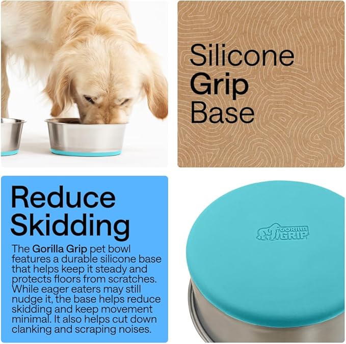GORILLA GRIP Dog Bowls, Heavy Duty 304 Stainless Steel Holds 6 Cups Each (48 fl oz) Food and Water Bowl for Feeding Dogs and Cats Dishwasher Safe Rust Resistant BPA Free Rubber Base Set of 2 Turquoise