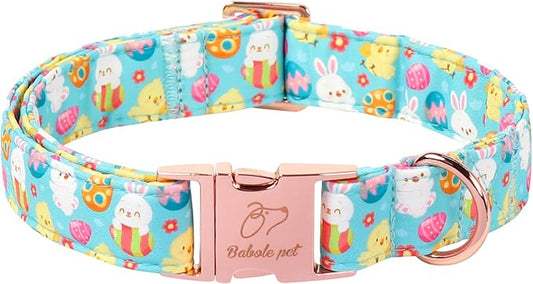 Easter Dog Collar, Cute Egg Hunt Easter Collars for Small Dogs, Playful Bunny & Chick Print, Adjustable Heavy Duty Boy Girl Spring Holiday Dog Collar with Metal Buckle S