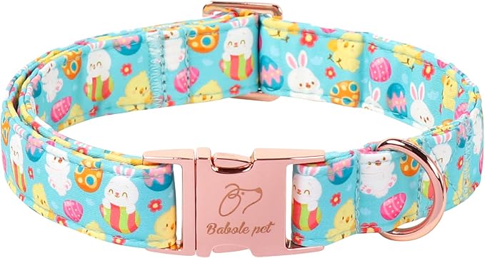 Easter Dog Collar, Cute Egg Hunt Easter Collars for Large Dogs, Playful Bunny & Chick Print, Adjustable Heavy Duty Boy Girl Spring Holiday Dog Collar with Metal Buckle L