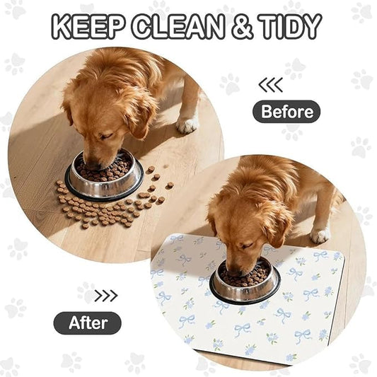 Dog Food Mat for Pet Cat Food Mat, Blue Bows Floral Absorbent Quick Dry Dog Bowl Mats for Food and Water, Non-Slip Cat Pet Feeding Mats for Floor Placemats 12"x20"