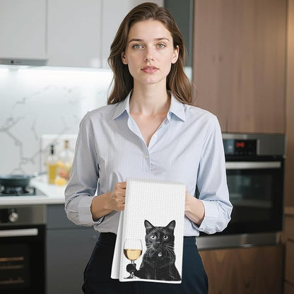 4 Pcs Funny Cat Kitchen Towels 24x14 Inch, Funny Reusable Dish Towels for Kitchen Coffee Station Wine Bar Decor, Waffle Weave Absorbent Hand Cloth Tea Towel, Cat Lover Gifts for Women Mom Friend