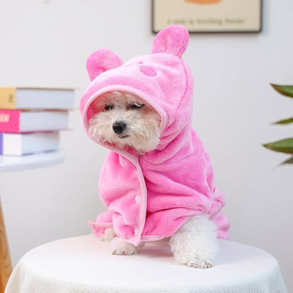 Dog Bathrobe with Hood Super Absorbent Soft Quick Drying Towel Wrap Adjustable Puppy Cat Bath Robe Towel for Cold Weather Beach Pool (Pink Pig, Large)
