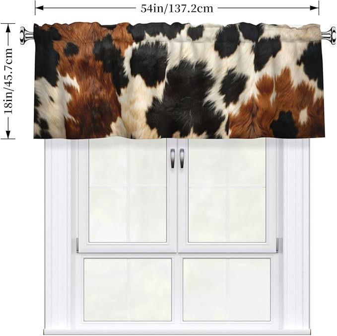 Cow Print Curtain Valance Short Rod Pocket Window Treatment for Living Room Bedroom Kitchen Bathroom 1 Panel 54" W x 18" L