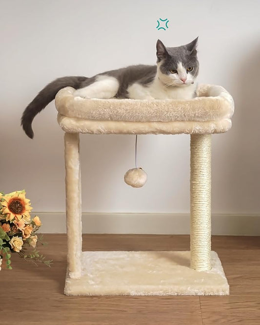 SYANDLVY Small Cat Tree for Indoor Cats, Scratching Board with Perch, Scratching Post for Small Cats, Kittens Scratcher with 2 Dangling Balls, Beige