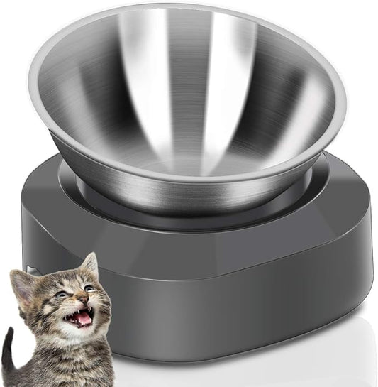 AYADA Raised Cat Food Bowl, Stainless Steel Cat Dish for Food Water Anti Vomiting Elevated with Stand Ergonomic Lifted Slanted Tilted 15 Angle Metal Single Kitty Kitten Wet Food Bowl Pet Bowl (Single)