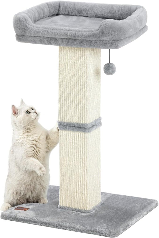 Karolpar 32" Cat Scratching Post for Indoor Cats, Sisal Cat Scratcher with Plush Perch, Large Scratch Post with Bed, Removable Cover, Sisal Fabric,Light Grey