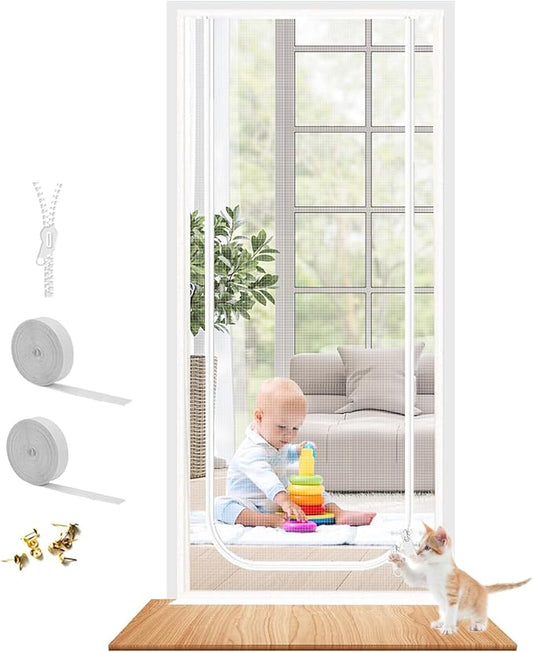 Dixutzi Reinforced Cat Screen Door Fits Door Size 30''x 80'', Heavy Duty Pets Proof Screen Door with Zipper, Prevent Dogs Cats Running Out from Home (White)