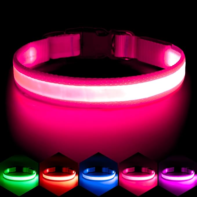 Vizpet LED Dog Collar, Light Up Dog Collar Adjustable USB Rechargeable Super Bright Safety Light Glowing Collars for Dogs (X-Large, Pink)