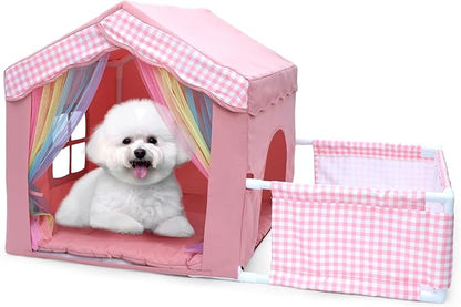 Cute Pink Princess 26 * 26 * 26.8" Dog House Bed for Pets Dogs Cats with Playpen, Cozy Confortable Puppy Cat Rabbit Kennel Bed Playhouse Tent w/Washable Cushion, Holds Up to 50lbs Pets