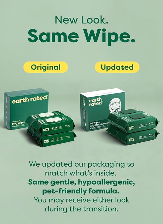 Earth Rated Pet Wipes for Dogs and Cats, Hypoallergenic, Cleaning and Hydrating, for Grooming Paws, Body and Butt, Unscented, 400 Count