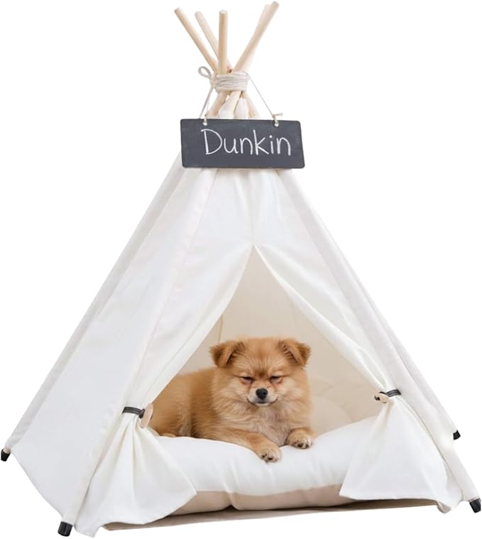 Pet Teepee Dog, Puppy and Cat Tents Tipi Bed Portable Houses with Thick Cushion for Pets Up to 33lbs, White