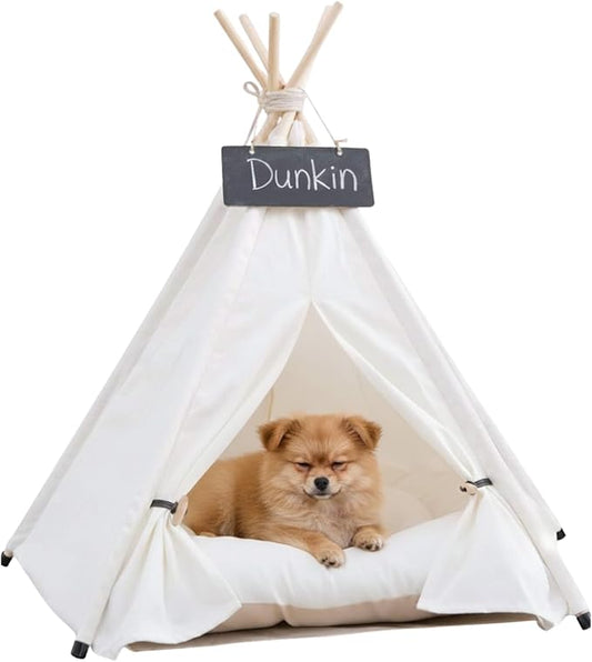 Pet Teepee Dog, Puppy and Cat Tents Tipi Bed Portable Houses with Thick Cushion for Pets Up to 33lbs, White