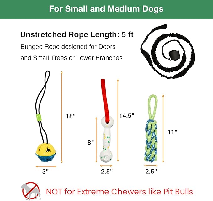 Dog Bungee Tug of War Toy, 4 Pieces Gift for Puppy/Small/Medium Dogs, Indoor Spring Pole Hang Over Door Frame, Outdoor Tether Tug Rope for Yard/Tree, Interactive Pull Toy for Self Play