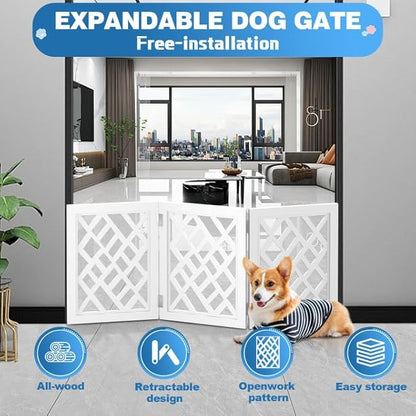 Cut-Out Design 16" Short Dog Gate for Small Dogs, Foldable Retractable Puppy Gate Indoor - Freestanding Lightweight Pet Barrier for Doorways, Stairs, Hallways (Extends to 35", White)