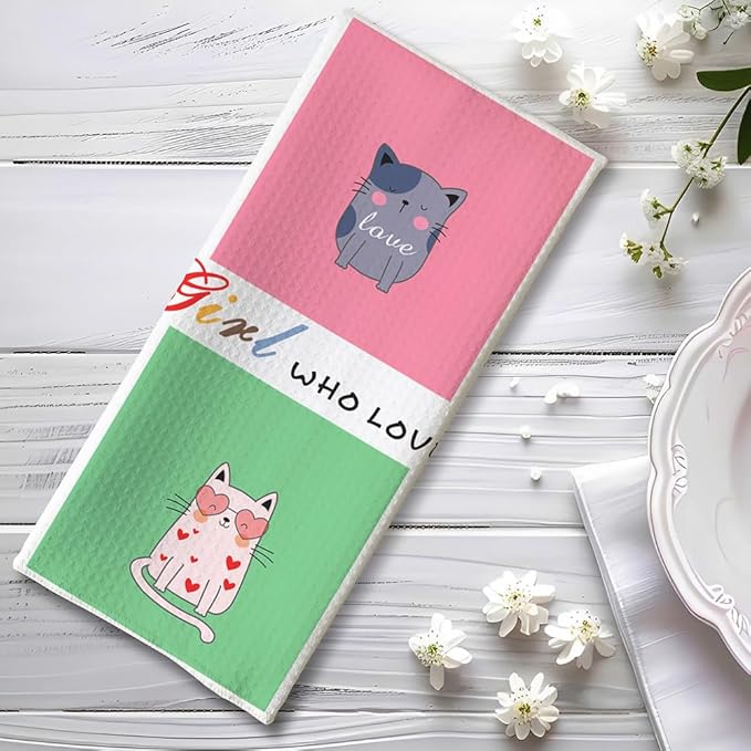 Quick-Dry Cat Kitchen Towels - Multi-Kitten Mosaic Art with 'Cat-Adoring Girl' Motif, Hand Towel & Dish Cloth for Women Who Cherish Kittens & Pet Mom Devotees - Perfect for Decorating Your Kitchen