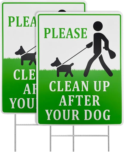 Clean Up After Your Dog Signs, 2 Pack 12"x9" with Metal H-Stakes No Poop Double Sided Pick Up After Your Dog Signs For Yard