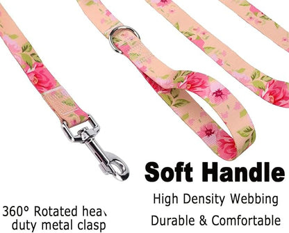 Dog Collar and Leash Set with Bohemia Floral Tribal Geometric Patterns - Soft Ethnic Style Collar Adjustable for Small Medium Large Dogs(Pink Rose Set,S)