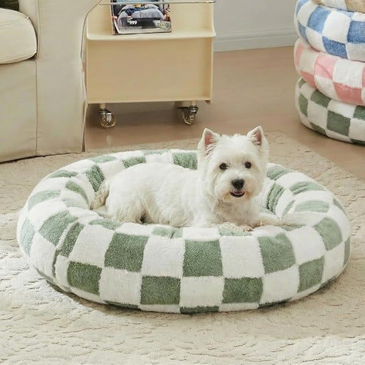 Checkered Dog Bed, Cute Sage Green Retro Style Aesthetic Round Warming Pet Calming Beds for Small Dog and Cats, Plush Cozy Donut Washable, 30" L x 30" W x 8" Th