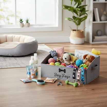 Morezi Linen-cotton blend dog toy basket and dog toy box, dog toy basket storage - Perfect for organizing pet toys, blankets, leashes, chew toys - Snow Grey - Dog