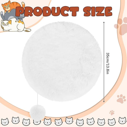 Abbylike 3 Pack 14" Round Cat Dog Bed Cushion Pad Mat Faux Rabbit Fur Pet Sleeping Mat with Small Ball Warm Plush Anti Slip Washable Cat Tree Tower Replacement Cushion Pad for Carrier Crate, White