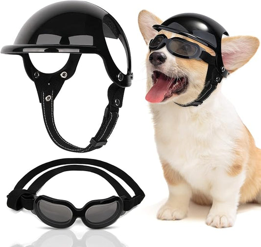 SlowTon Dog Helmet and Goggles - UV Protection Doggy Sunglasses Dog Glasses Pet Motorcycle Helmet Hat with Ear Holes Adjustable Belt Safety Hat for Small Medium Large Dogs Puppy Riding (Black, S)