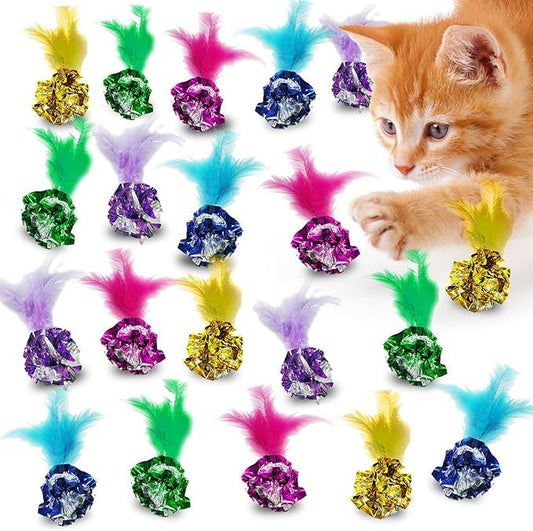 SunGrow Mylar Crinkle Balls with Feathers, 2.5-Inches, Shiny Stress Buster Crinkler, Suitable for Multiple Cats' Engagement, Ideal for Kittens and Grown-up Cats, 20-Pcs
