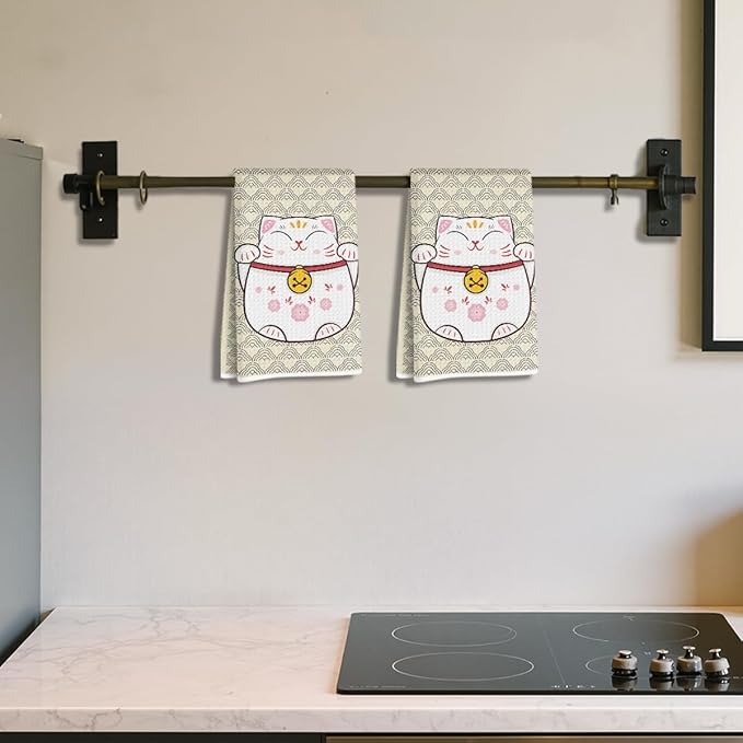 2 Pcs Cute Cat Kitchen Towels 14x24 Inch, Adorable Cats Waffle Hand Towels for Kitchen Home Farmhouse, Cat Lover Gifts for Cleaning Drying Wiping Tasks Dish Cloth Tea Towel Housewarming Gifts