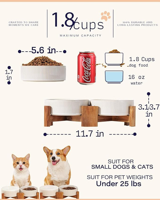 Getstar Elevated Ceramic Dog Cat Bowl Set - 1.8-Cup Raised Feeding Bowls with Non-Slip Wood Stand - Small Pet Dishes for Food and Water - Ideal for Cats and Puppies