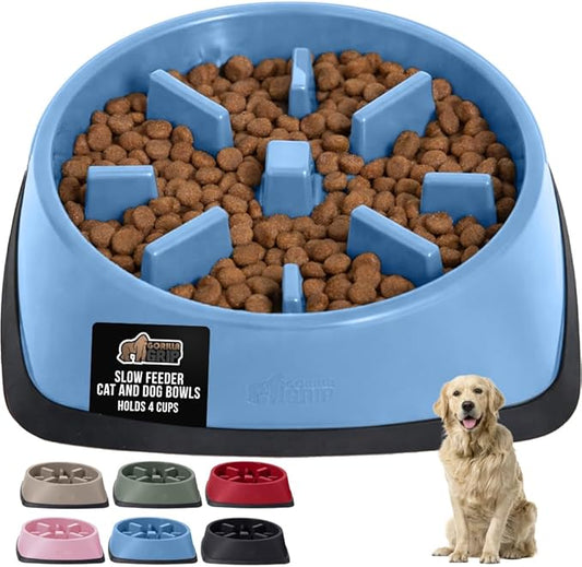 GORILLA GRIP Patented BPA Free Slow Feeder Dog Bowls, 4 Cup Interactive Puzzle Toy for Dogs and Cats Food Training Enrichment, Keeps Pets Busy and Prevents Puppy Overeating, Large Breeds, Light Blue