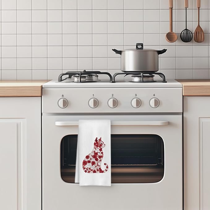 Red White Rose Floral Cat Kitchen Towel, Floral Cat Hand Towel for Bathroom Decor, Kitten Dish Tea Towel for Kitchen Decor, Pet Gifts for Kitten Lovers Women Girls, 16x24 Inch