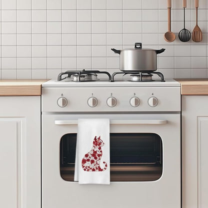 Red White Rose Floral Cat Kitchen Towel, Floral Cat Hand Towel for Bathroom Decor, Kitten Dish Tea Towel for Kitchen Decor, Pet Gifts for Kitten Lovers Women Girls, 16x24 Inch