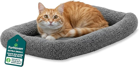FurHaven Dog Bed for Extra Small Dogs & Cats, Bolster Crate Pad with Soft Supportive Base for Carriers & Kennels, Machine Washable, Extra Small, Sherpa Fleece, Gray